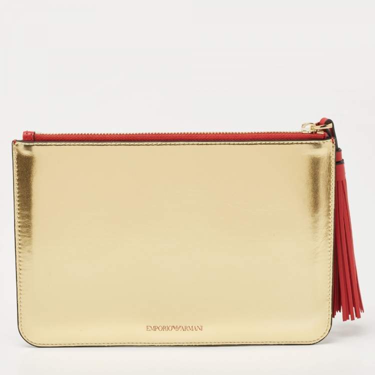 Pre Owned Emporio Armani Red/Gold Leather Pig Tassel Clutch