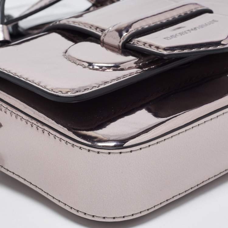 Pre Owned Emporio Armani Metallic Grey Patent Leather Mini Flap Top Handle Bag