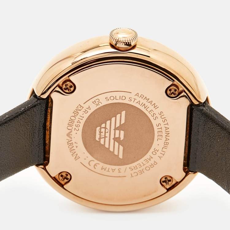 Pre Owned Emporio Armani Pavé Rose Gold Stainless Steel Leather Crystal AR11492 Women's Wristwatch 30 mm