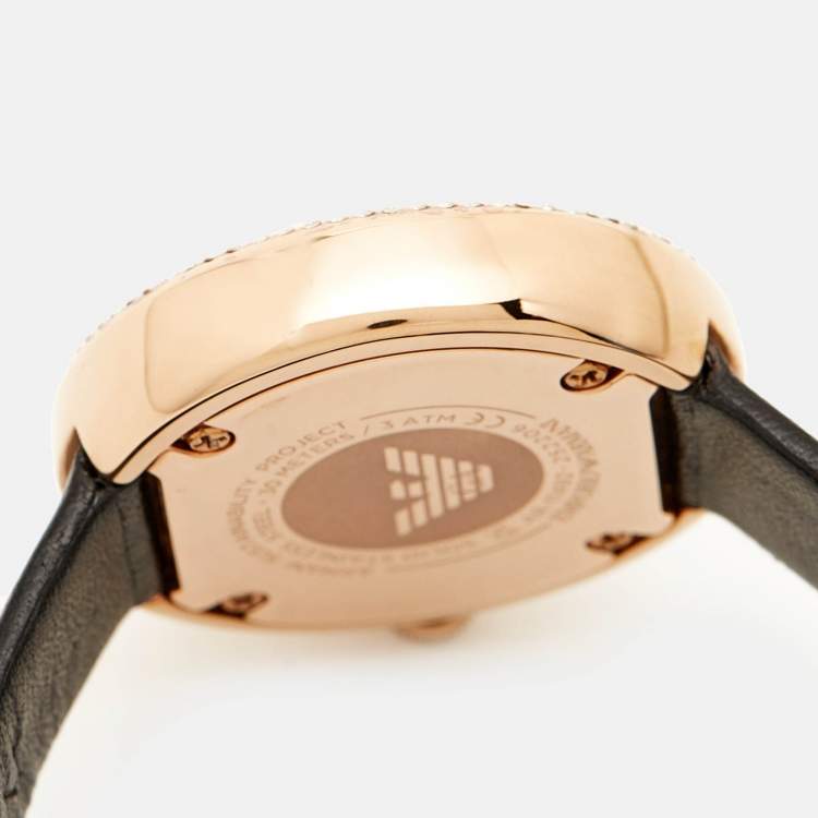 Pre Owned Emporio Armani Pavé Rose Gold Stainless Steel Leather Crystal AR11492 Women's Wristwatch 30 mm