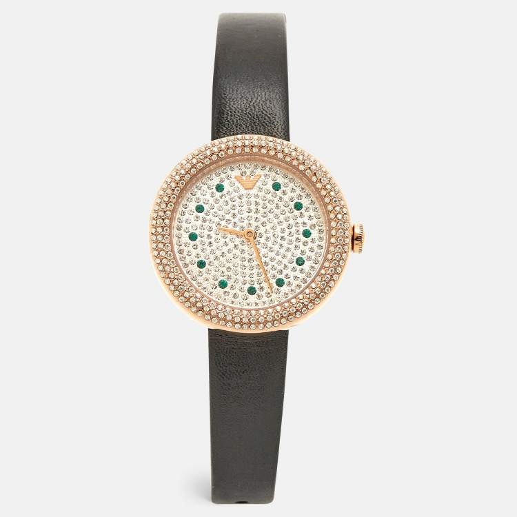Pre Owned Emporio Armani Pavé Rose Gold Stainless Steel Leather Crystal AR11492 Women's Wristwatch 30 mm