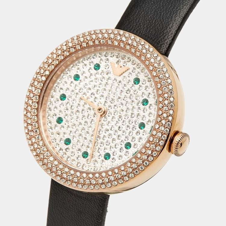 Pre Owned Emporio Armani Pavé Rose Gold Stainless Steel Leather Crystal AR11492 Women's Wristwatch 30 mm