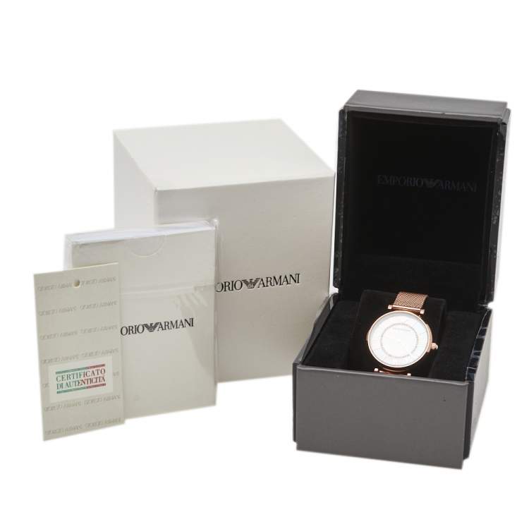 Pre Owned Emporio Armani Mother Of Pearl Rose Gold Tone Stainless Steel Gianni T-Bar AR11320 Women's Wristwatch 32 mm