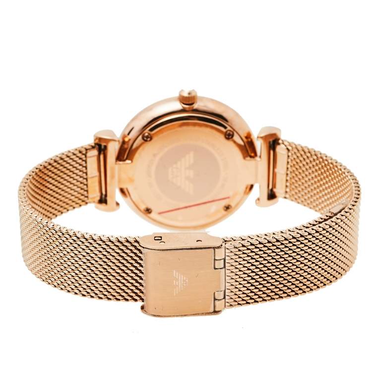 Pre Owned Emporio Armani Mother Of Pearl Rose Gold Tone Stainless Steel Gianni T-Bar AR11320 Women's Wristwatch 32 mm