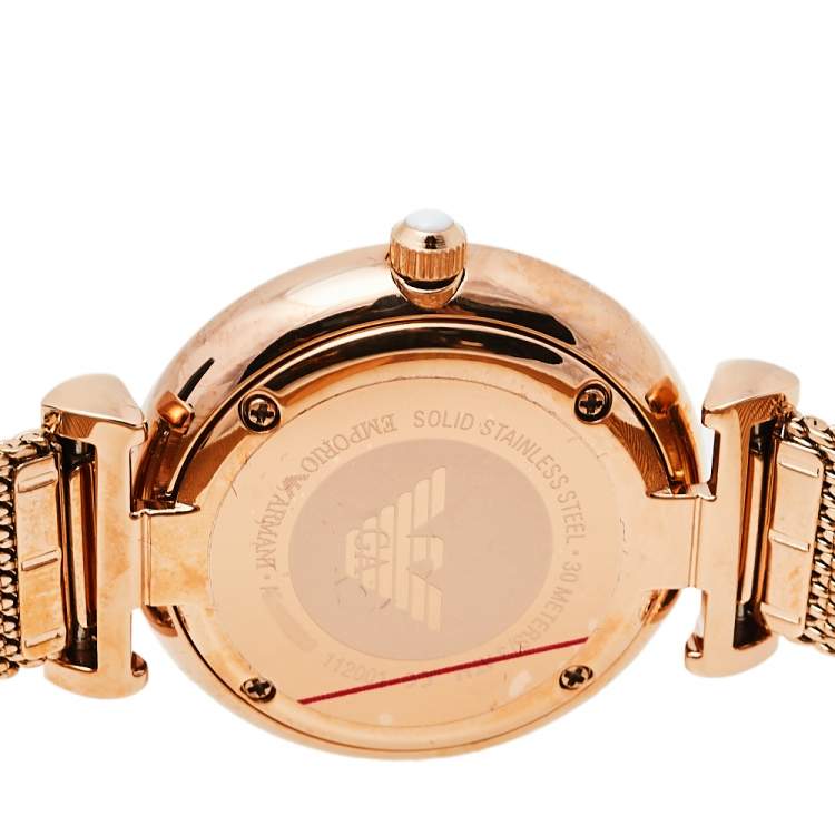Pre Owned Emporio Armani Mother Of Pearl Rose Gold Tone Stainless Steel Gianni T-Bar AR11320 Women's Wristwatch 32 mm