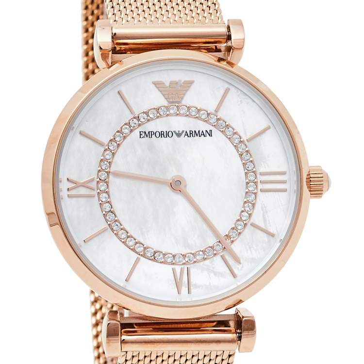 Pre Owned Emporio Armani Mother Of Pearl Rose Gold Tone Stainless Steel Gianni T-Bar AR11320 Women's Wristwatch 32 mm