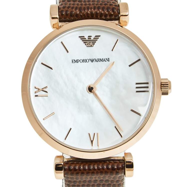 Pre Owned Emporio Armani Mother of Pearl Rose Gold Plated Stainless Steel Leather AR9042L Women's Wristwatch 32 mm