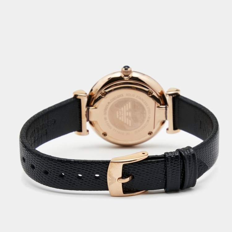 Pre Owned Emporio Armani Black Mother Of Pearl Gold PVD Coated Stainless Steel Embossed Leather Gianni T-Bar AR11060 Women's Wristwatch 32 mm