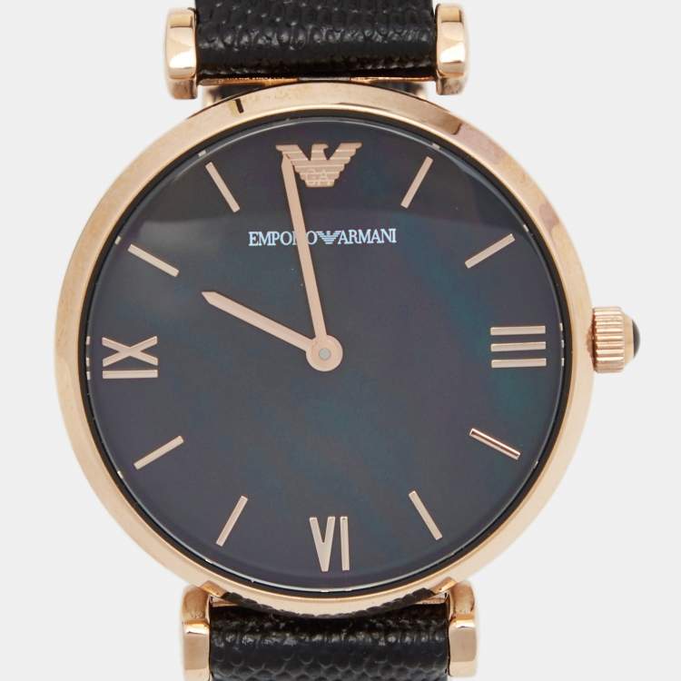 Pre Owned Emporio Armani Black Mother Of Pearl Gold PVD Coated Stainless Steel Embossed Leather Gianni T-Bar AR11060 Women's Wristwatch 32 mm