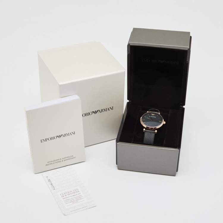Pre Owned Emporio Armani Black Mother Of Pearl Gold PVD Coated Stainless Steel Embossed Leather Gianni T-Bar AR11060 Women's Wristwatch 32 mm