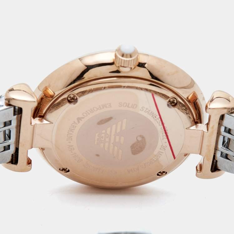 Pre Owned Emporio Armani White Crystal Two Tone Stainless Steel AR1926 Women's Wristwatch 32MM