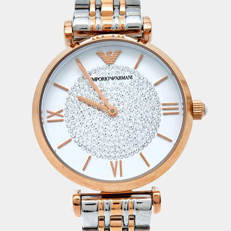 Pre Owned Emporio Armani White Crystal Two Tone Stainless Steel AR1926 Women's Wristwatch 32MM