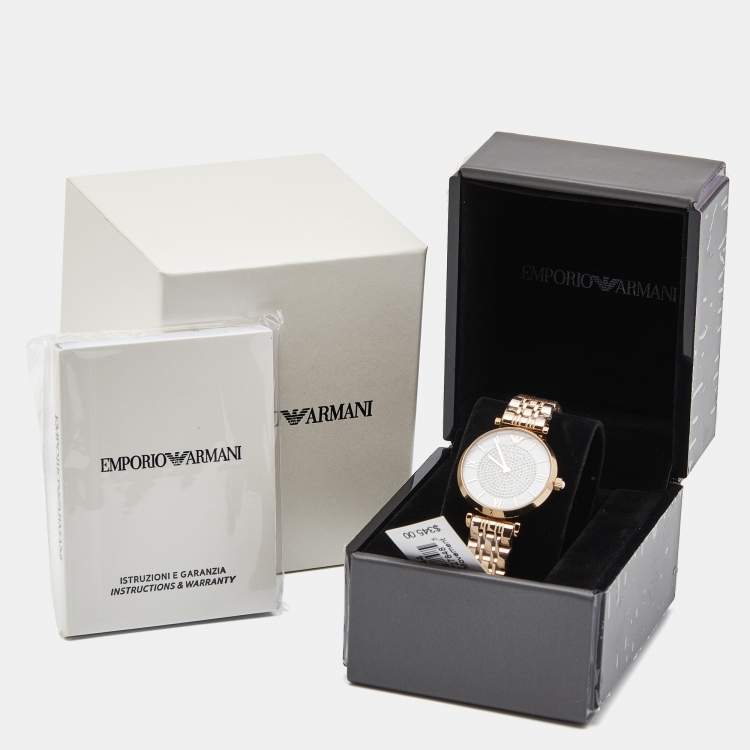 Pre Owned Emporio Armani White Crystal Pave Gold PVD Coated Stainless Steel Glitz AR11244 Women's Wristwatch 32 mm
