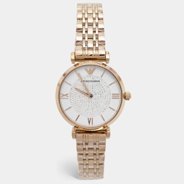 Pre Owned Emporio Armani White Crystal Pave Gold PVD Coated Stainless Steel Glitz AR11244 Women's Wristwatch 32 mm