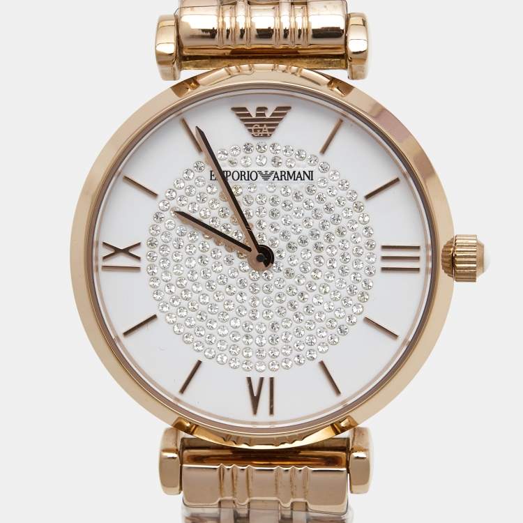 Pre Owned Emporio Armani White Crystal Pave Gold PVD Coated Stainless Steel Glitz AR11244 Women's Wristwatch 32 mm