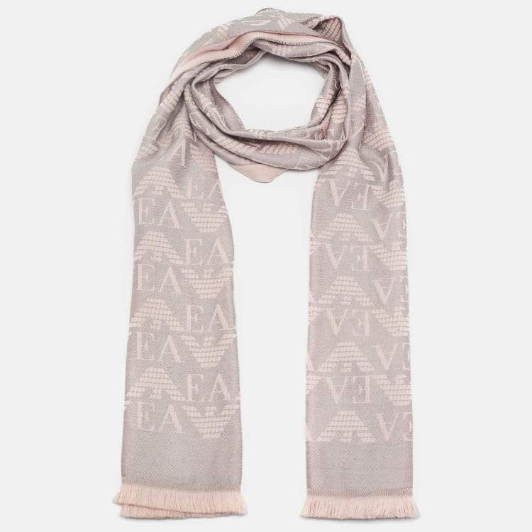 Pre Owned Emporio Armani Pink/Grey Monogram Jacquard Wool Blend Stole 