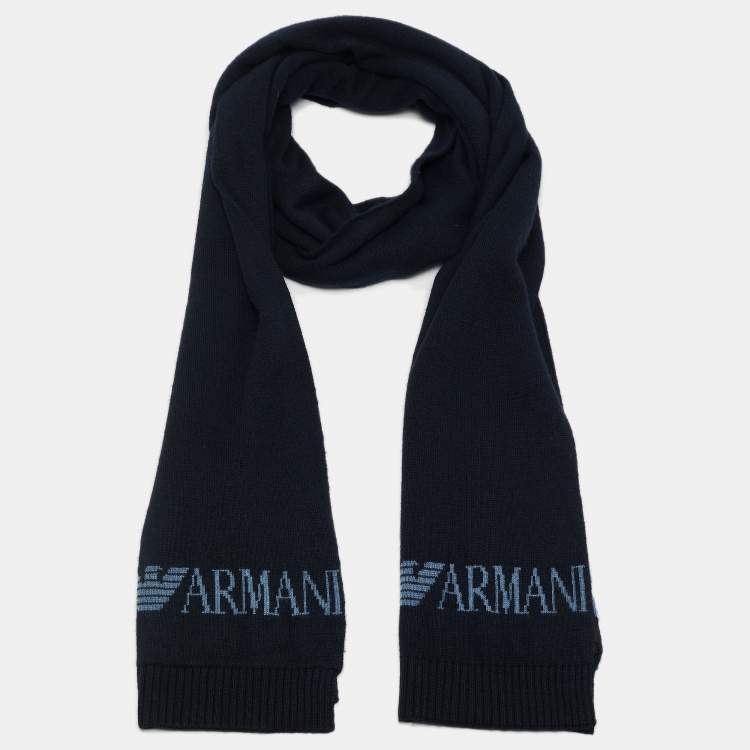 Pre Owned Emporio Armani Navy Blue Rib Knit Logo Intarsia Scarf