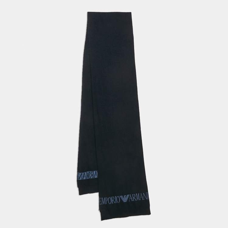 Pre Owned Emporio Armani Navy Blue Rib Knit Logo Intarsia Scarf