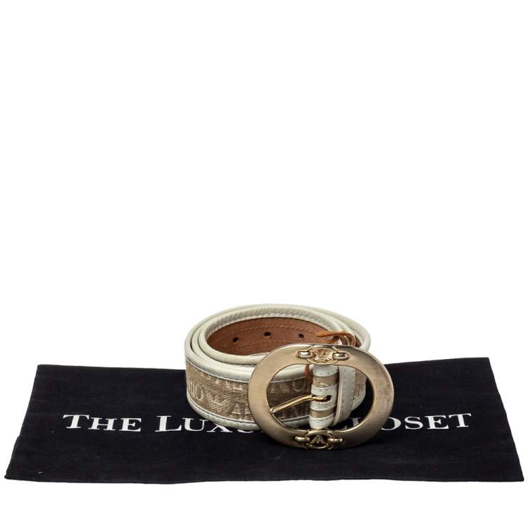 Pre Owned Emporio Armani Beige/Light Green Canvas and Leather Trim Logo Buckle Belt 85CM