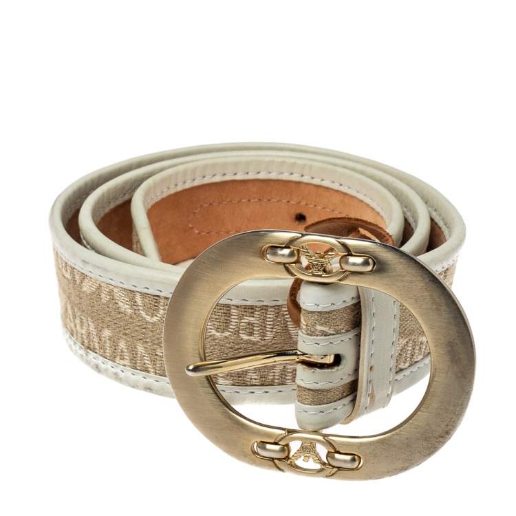 Pre Owned Emporio Armani Beige/Light Green Canvas and Leather Trim Logo Buckle Belt 85CM