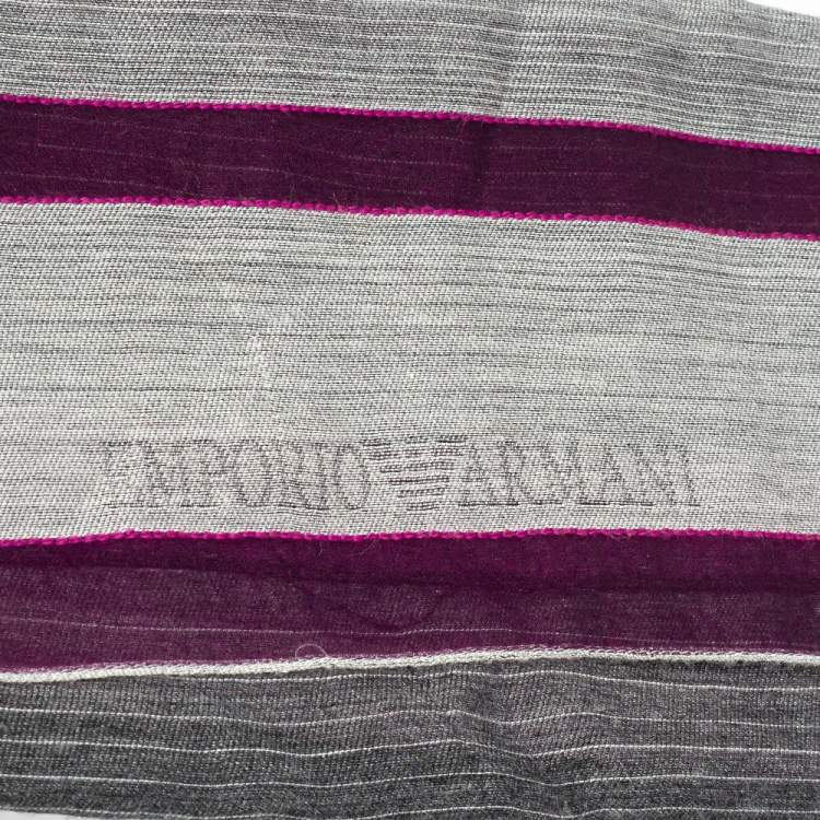 Pre Owned Emporio Armani Purple & Grey Striped Silk Stole 
