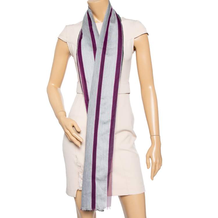 Pre Owned Emporio Armani Purple & Grey Striped Silk Stole 