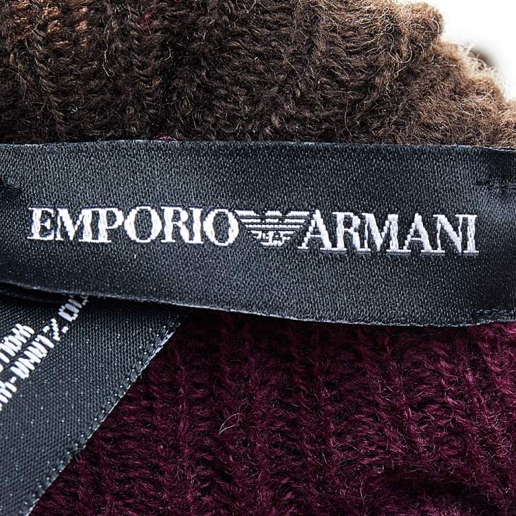 Pre Owned Emporio Armani Brown & Magenta Ruffled Pom Pom Detail Wool Stole