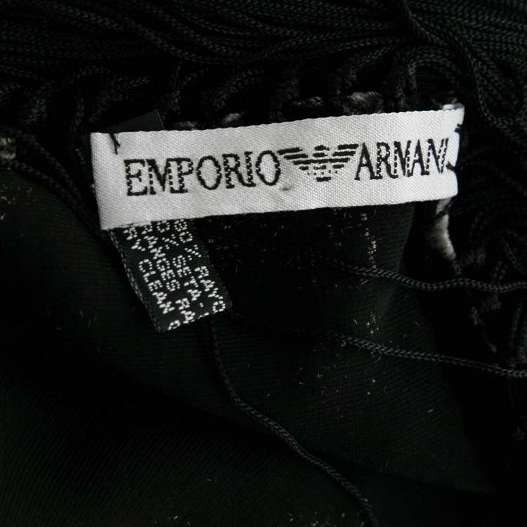 Pre Owned Emporio Armani Black Animal Print Velvet Fringed Triangle Scarf