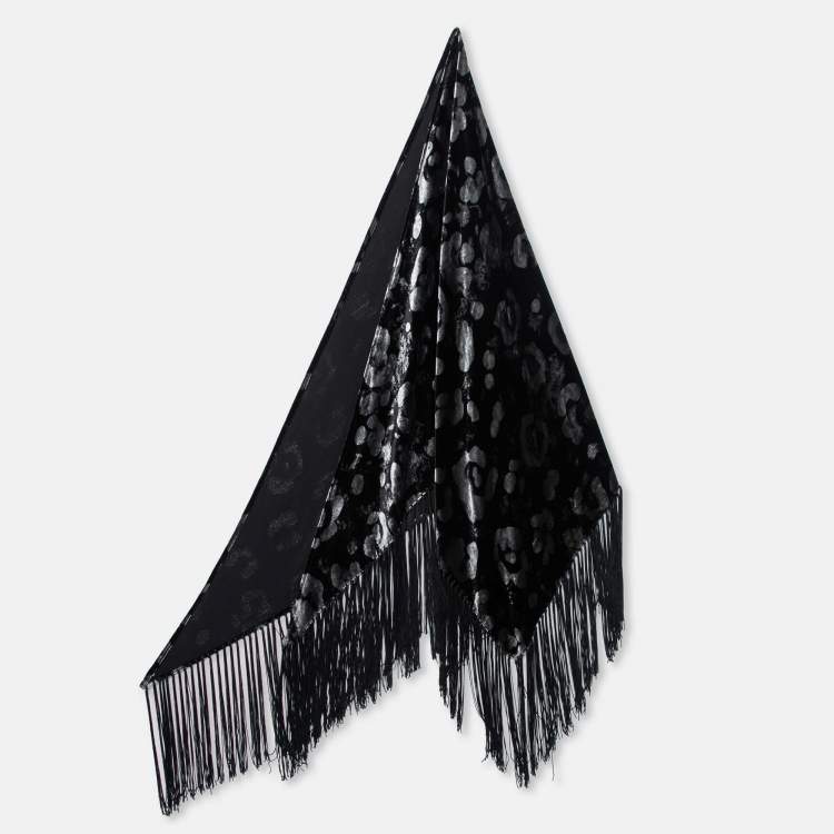Pre Owned Emporio Armani Black Animal Print Velvet Fringed Triangle Scarf