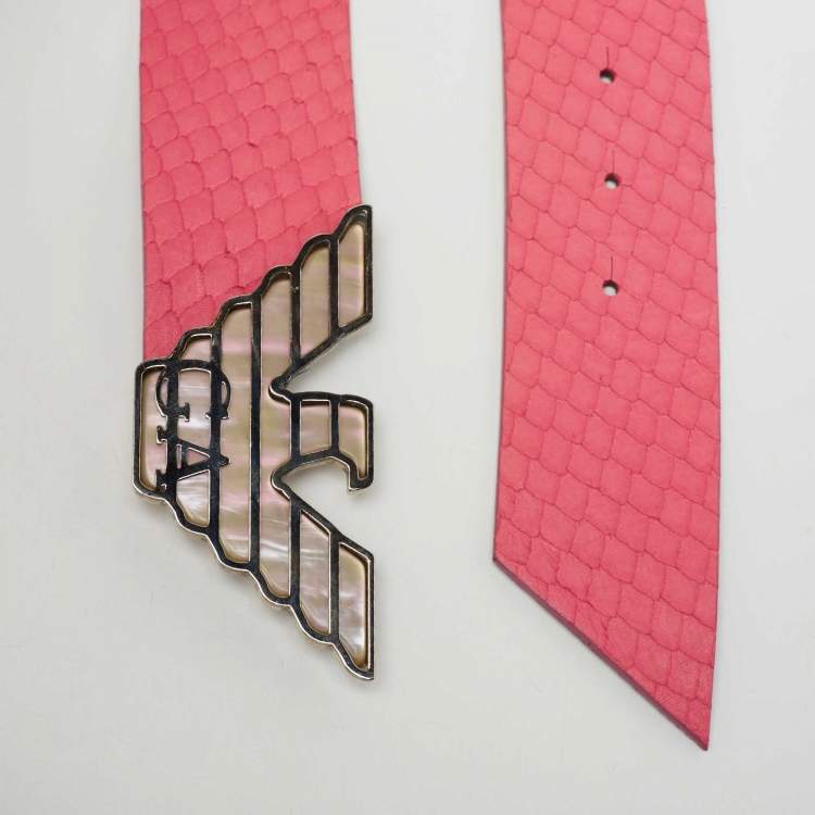 Pre Owned Emporio Armani Pink Python Embossed Leather Eagle Buckle Belt 95 CM