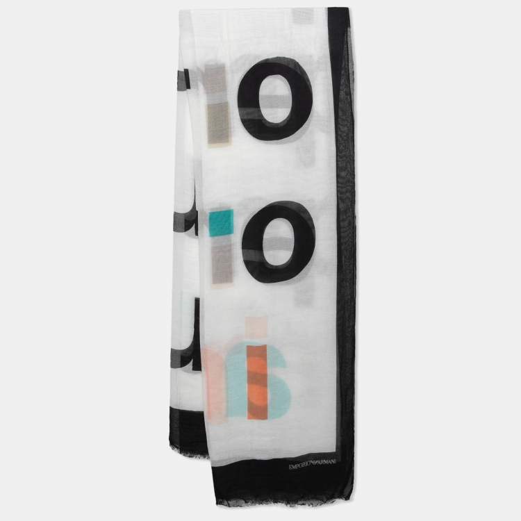 Pre Owned Emporio Armani White Logo Print Gauze Scarf