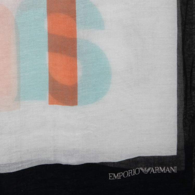 Pre Owned Emporio Armani White Logo Print Gauze Scarf