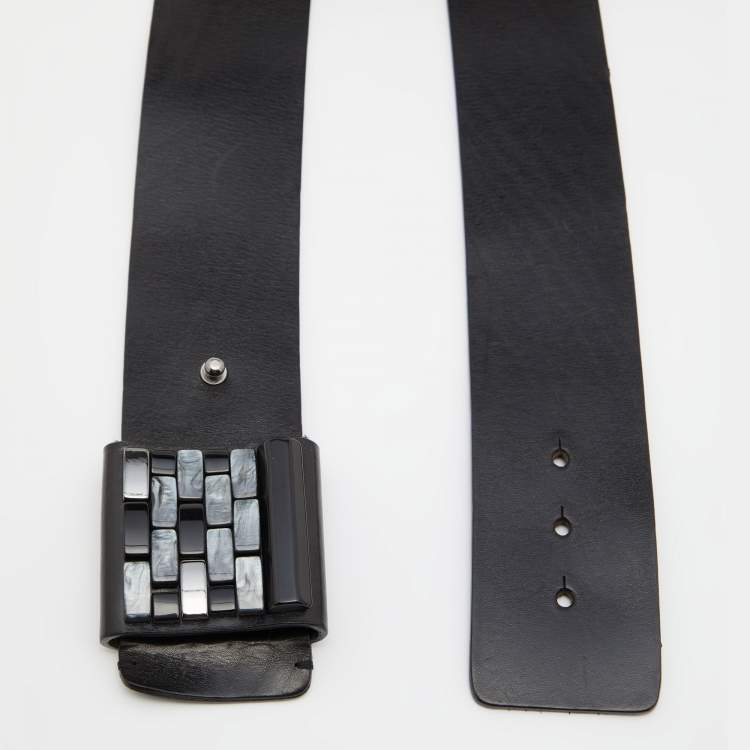 Pre Owned Emporio Armani Black Leather Brick Buckle Wide Belt 