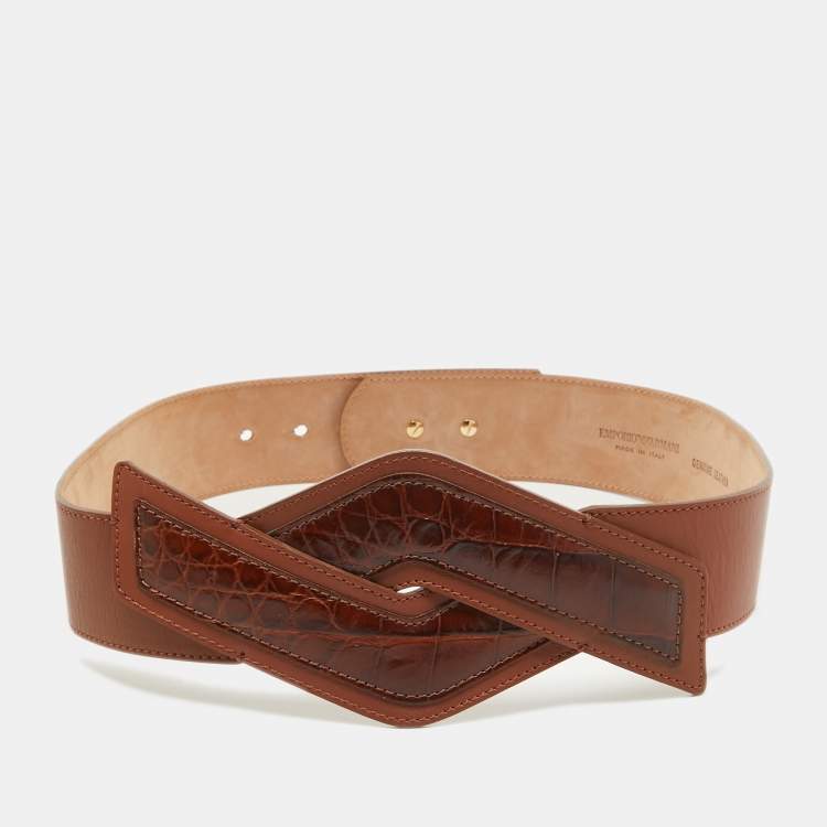 Emporio Armani Brown Croc Embossed and Leather Waist Belt Size 42