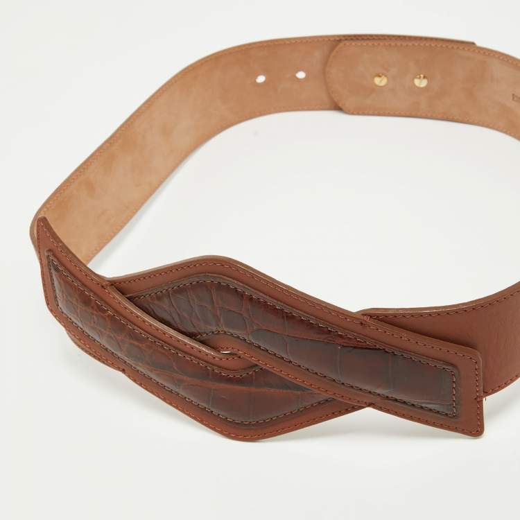 Pre Owned Emporio Armani Brown Croc Embossed and Leather Waist Belt Size 42