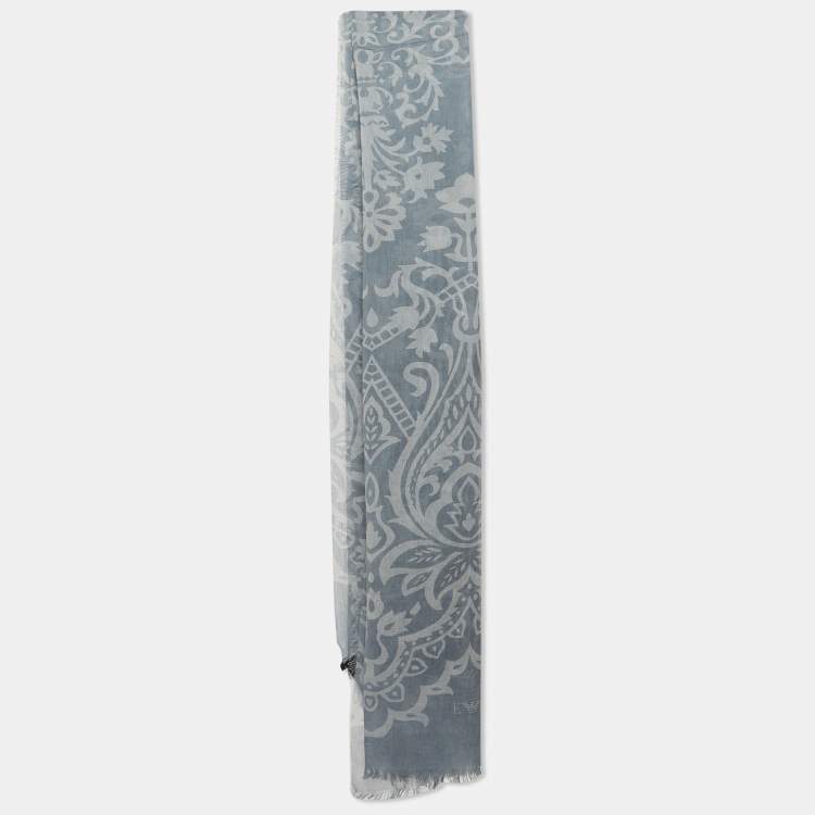 Pre Owned Emporio Armani Blue Printed Cotton Blend Scarf