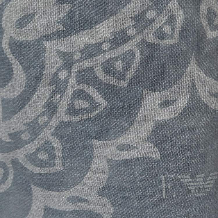 Pre Owned Emporio Armani Blue Printed Cotton Blend Scarf