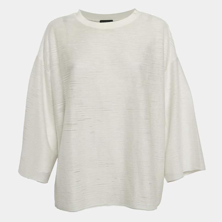 Pre Owned Emporio Armani White Stripe Textured Stretch Knit T-Shirt M