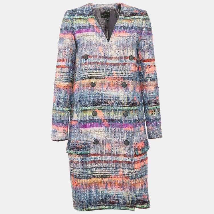 Pre Owned Emporio Armani Multicolor Lurex Tweed Double Breasted Mid-Length Coat S