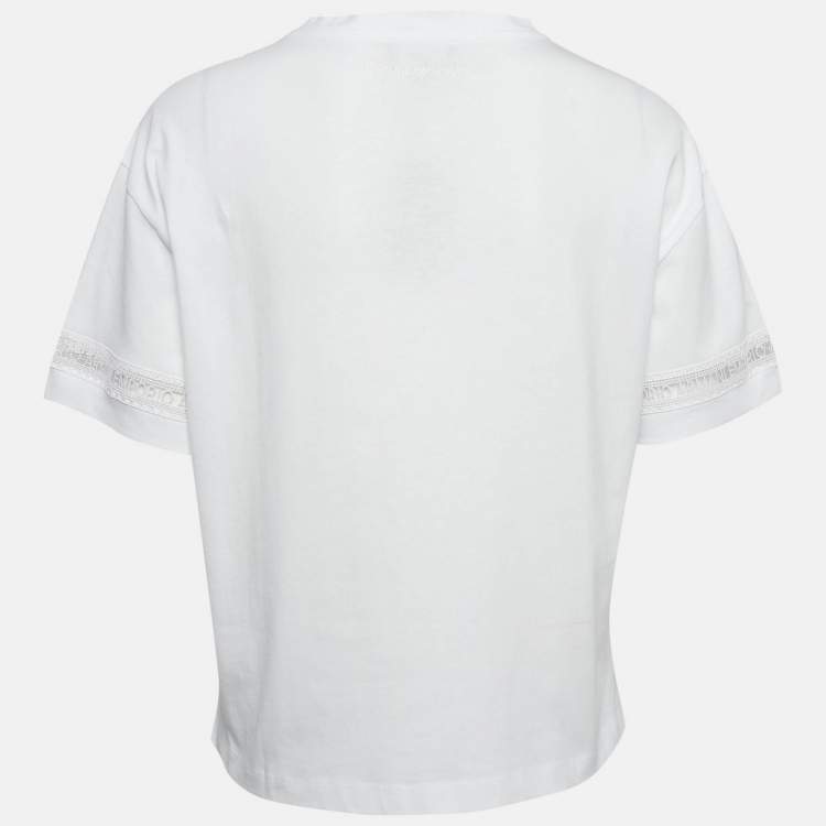 Pre Owned Emporio Armani White Cotton Logo Lace Trimmed T-Shirt M