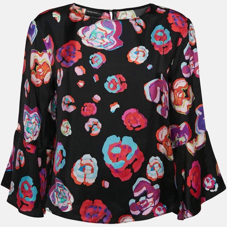 Pre Owned Emporio Armani Black Floral Abstract Print Silk Top L