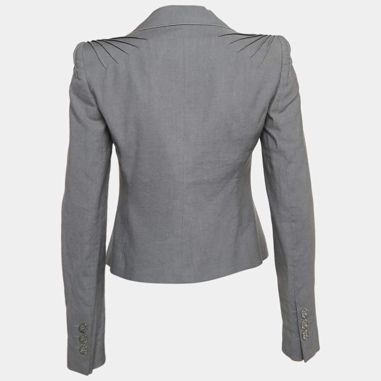 Pre Owned Emporio Armani Grey Wool Blend Pleated Shoulder Blazer M