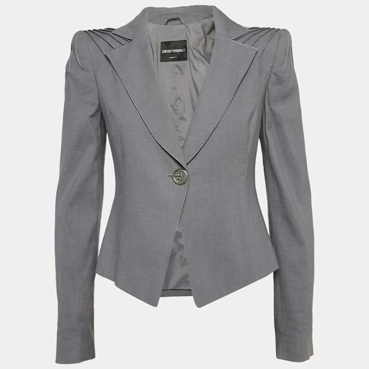 Pre Owned Emporio Armani Grey Wool Blend Pleated Shoulder Blazer M