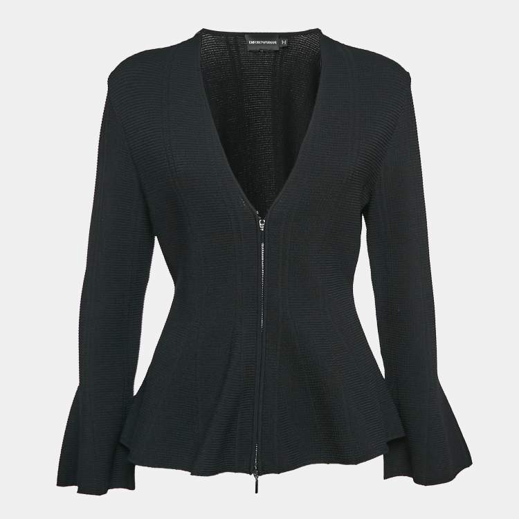 Pre Owned Emporio Armani Black Textured Knit Zip-Up Cardigan S