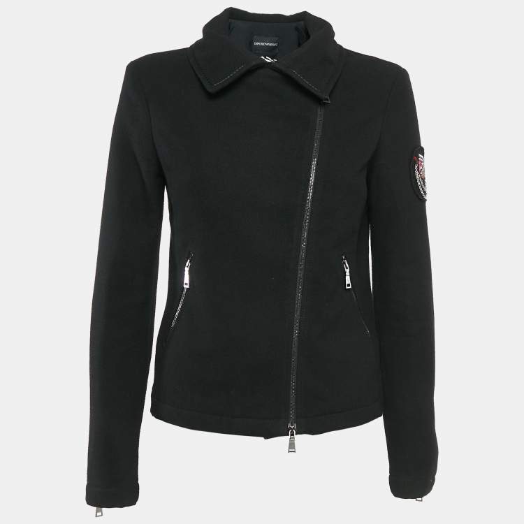 Pre Owned Emporio Armani Black Embellished Wool Blend Zip-Up Jacket S
