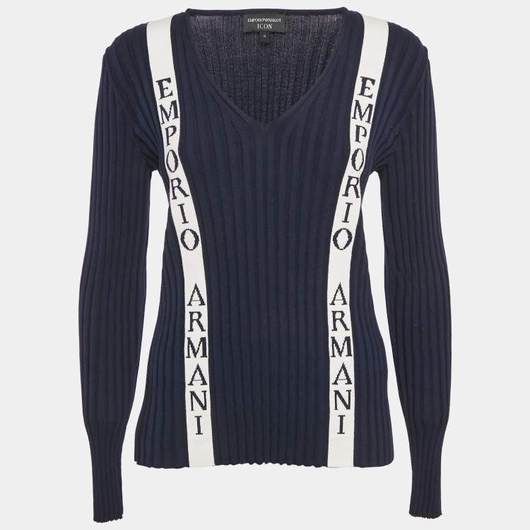 Pre Owned Emporio Armani Icon Navy Blue Logo Cotton Knit Jumper XL