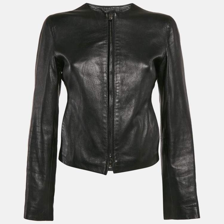 Pre Owned Emporio Armani Black Leather Cut-Out Detail Jacket S