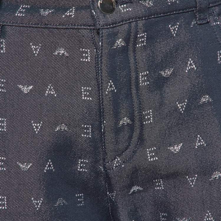 Pre Owned Emporio Armani Navy Blue Logo Lurex Detail Cotton J45 Regular Fit Jeans M/Waist 34"
