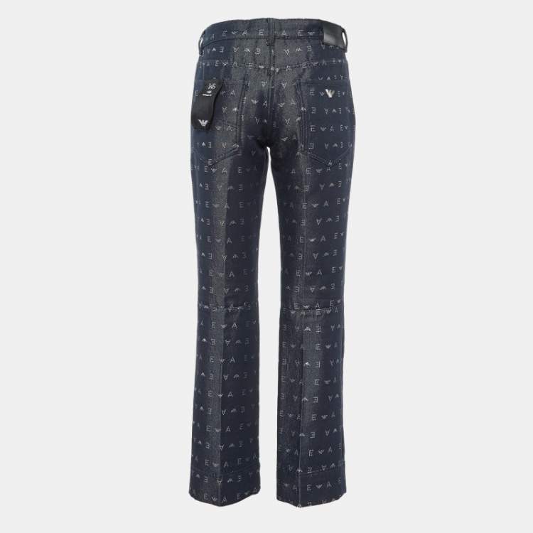 Pre Owned Emporio Armani Navy Blue Logo Lurex Detail Cotton J45 Regular Fit Jeans M/Waist 34"