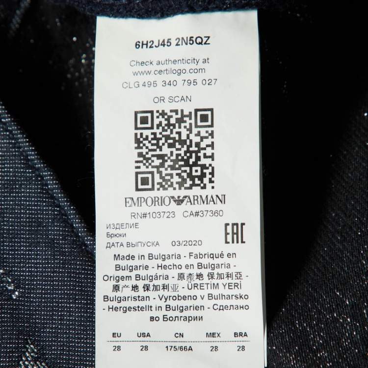 Pre Owned Emporio Armani Navy Blue Logo Lurex Detail Cotton J45 Regular Fit Jeans M/Waist 34"